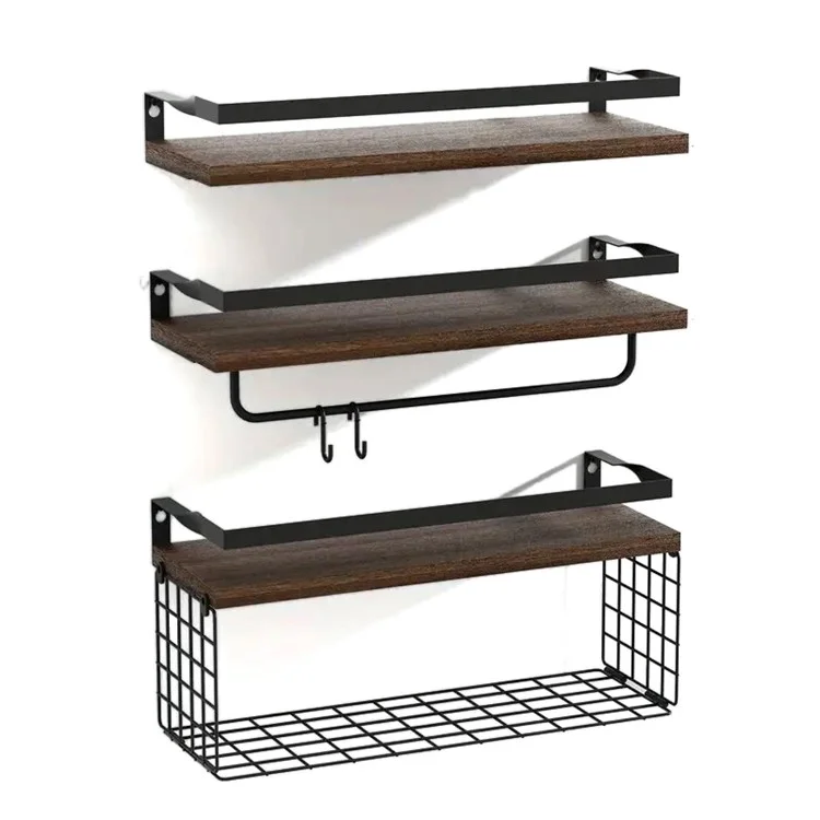 3 pezzi / set di mensole galleggianti montate a parete, tavola di legno, cestino in ferro, portasciugamani, scaffale di stoccaggio