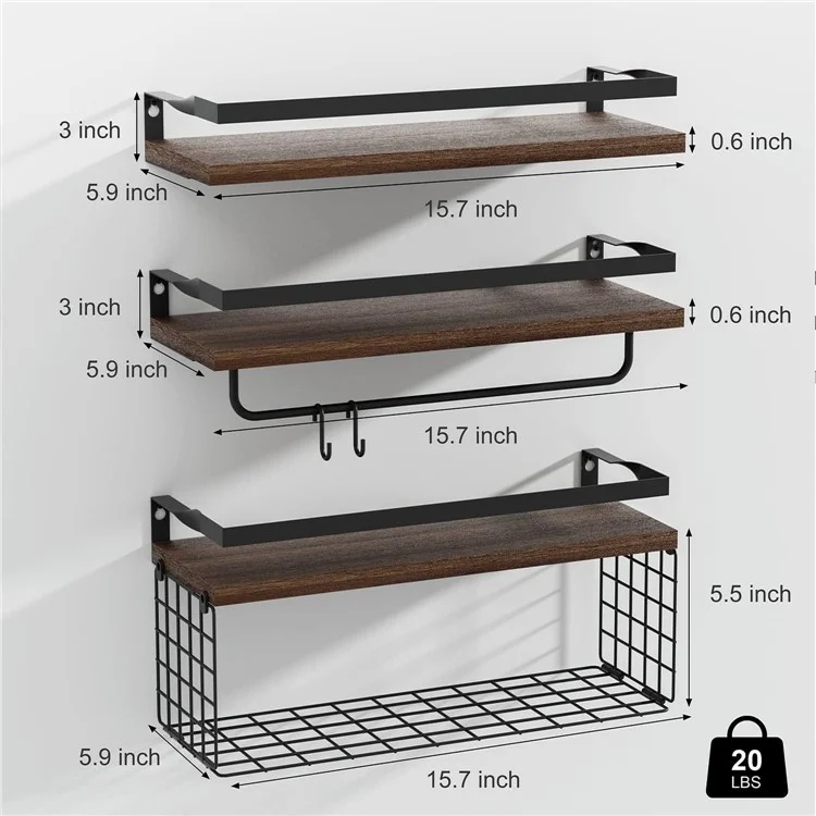 3 pezzi / set di mensole galleggianti montate a parete, tavola di legno, cestino in ferro, portasciugamani, scaffale di stoccaggio