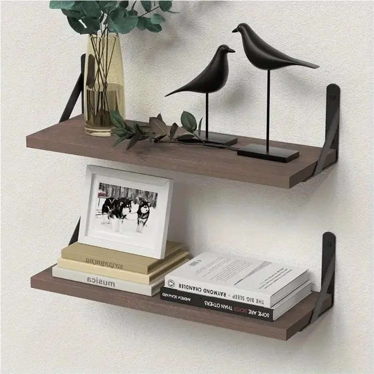 2Pcs Storage Shelf Wood Board Wall Mounted Living Room Home Organizer Rack - Brown