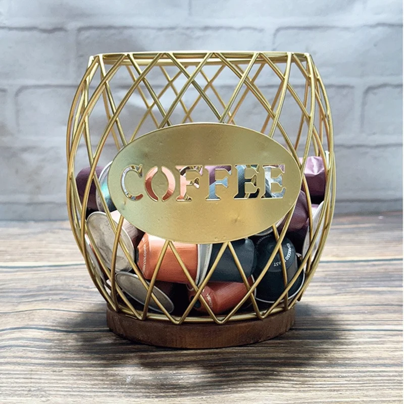 Letter Design Coffee Capsule Holder Hollow Iron Rack Snacks Candy Metal Storage Basket - Gold / Coffee