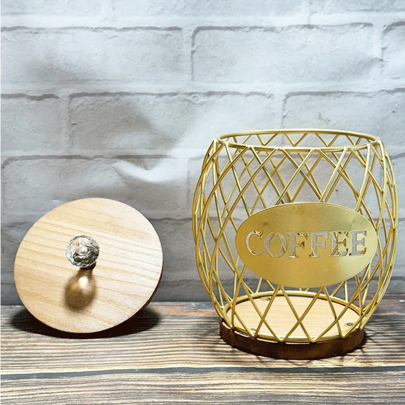 Letter Design Coffee Capsule Holder Hollow Iron Rack Snacks Candy Metal Storage Basket - Gold / Coffee
