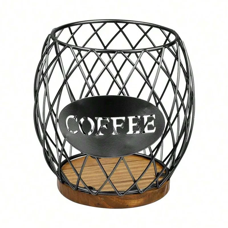 Letter Design Coffee Capsule Holder Hollow Iron Rack Snacks Candy Metal Storage Basket - Black / Coffee