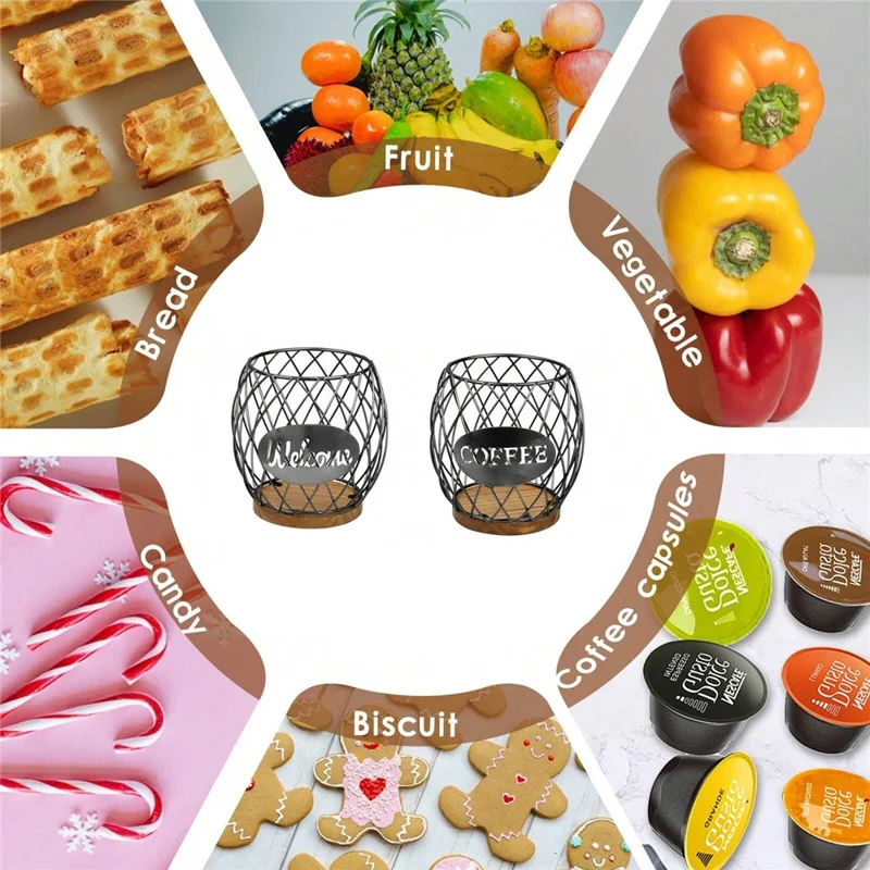 Letter Design Coffee Capsule Holder Hollow Iron Rack Snacks Candy Metal Storage Basket - Black / Coffee