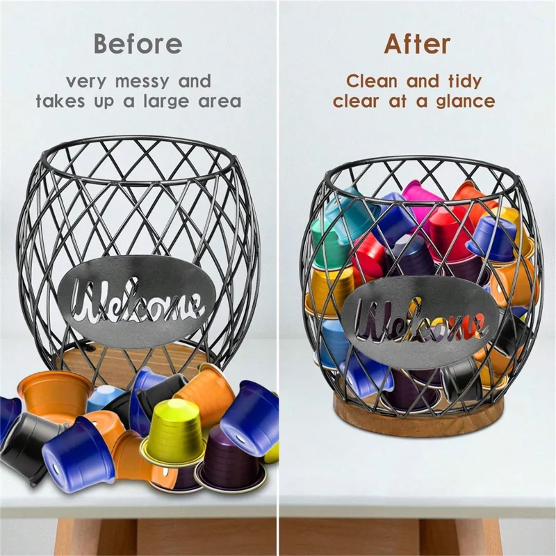 Letter Design Coffee Capsule Holder Hollow Iron Rack Snacks Candy Metal Storage Basket - Black / Coffee