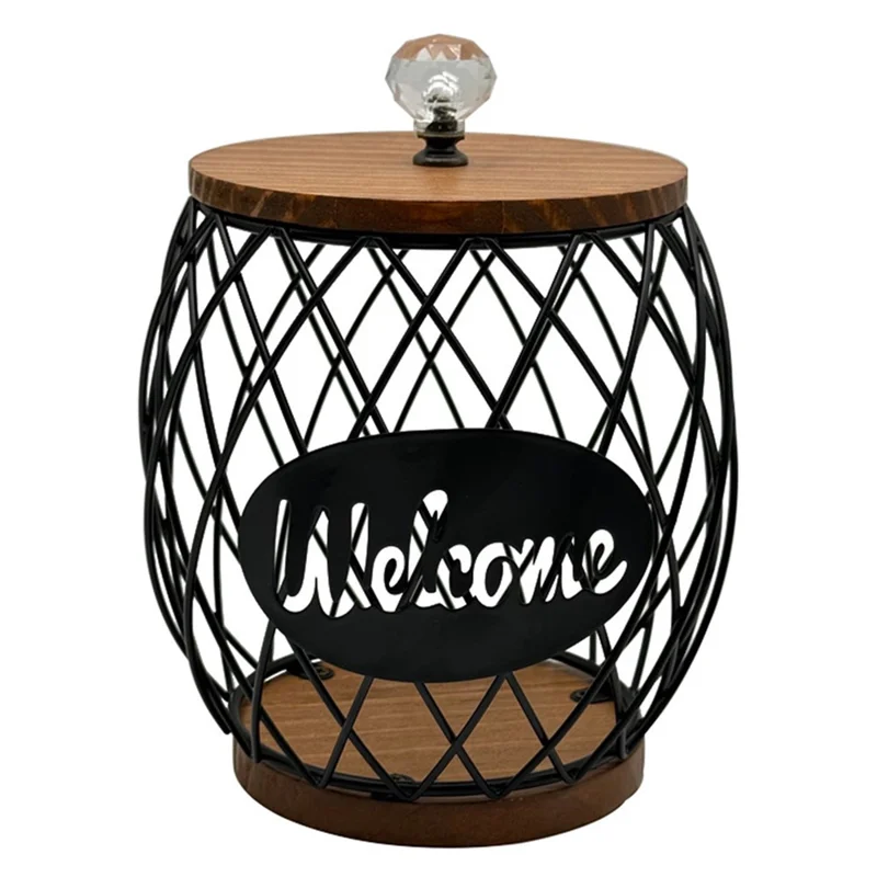 Iron and Wood Coffee Capsule Storage Rack with Crystal Lid and Black Pineapple Design - Welcome