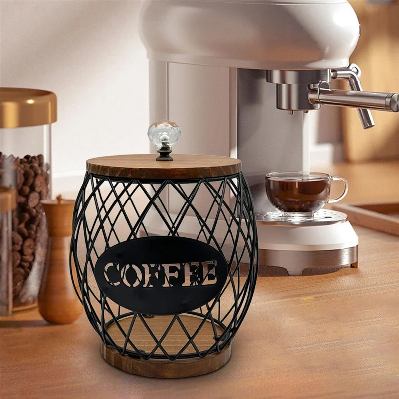 Iron and Wood Coffee Capsule Storage Rack with Crystal Lid and Black Pineapple Design - Welcome