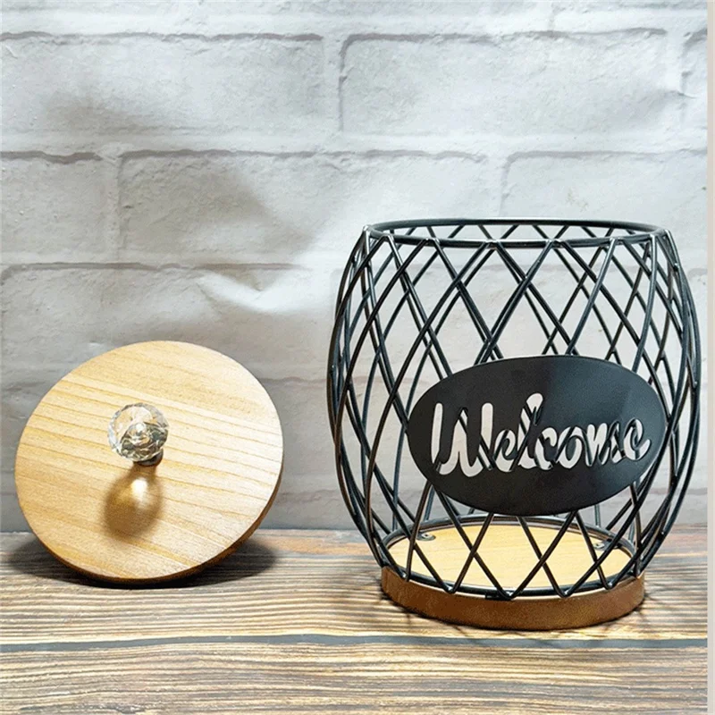 Iron and Wood Coffee Capsule Storage Rack with Crystal Lid and Black Pineapple Design - Welcome
