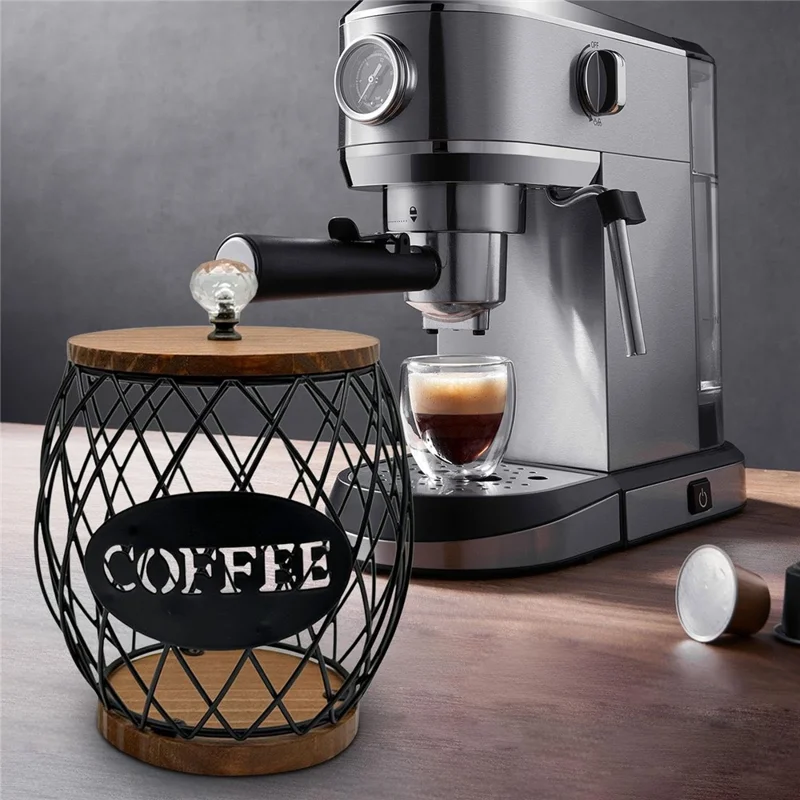 Iron and Wood Coffee Capsule Storage Rack with Crystal Lid and Black Pineapple Design - Welcome