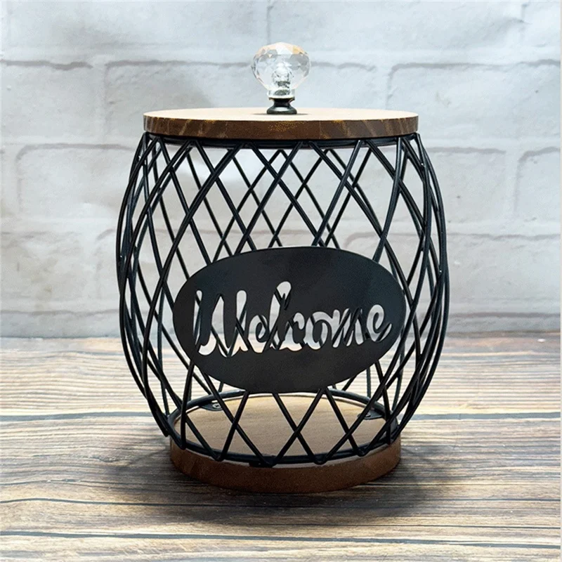 Iron and Wood Coffee Capsule Storage Rack with Crystal Lid and Black Pineapple Design - Welcome