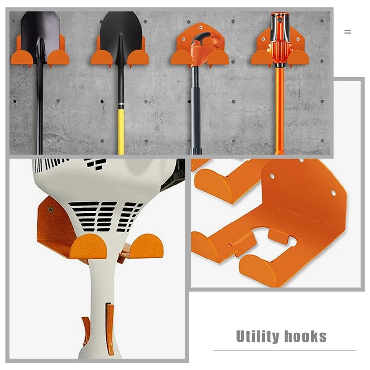 2 Ganchos de garagem para montagem na parede, suportes para cortador de grama, racks de armazenamento de ferramentas elétricas de metal.