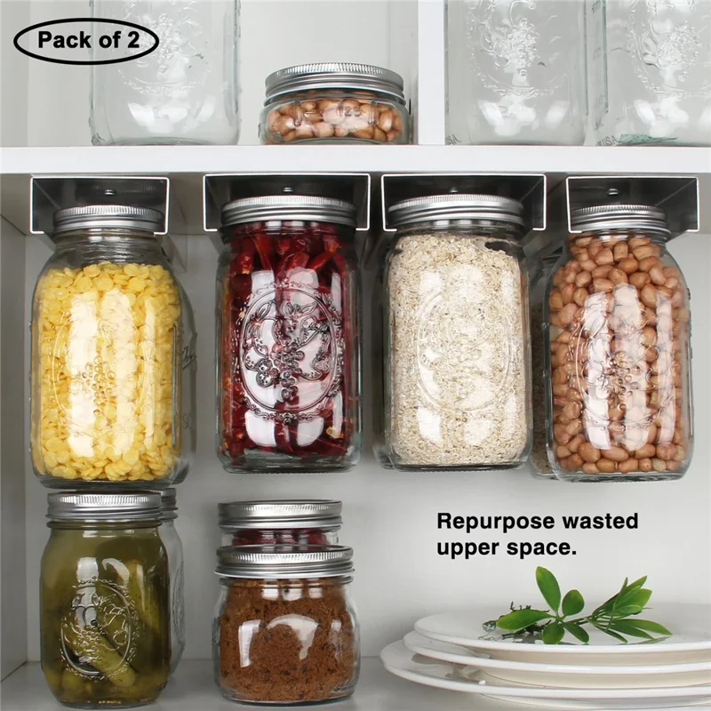 2Pcs Mason Jar Organizer Under Cabinet Mason Spice Jar Hanger Metal Storage Rack - Regular