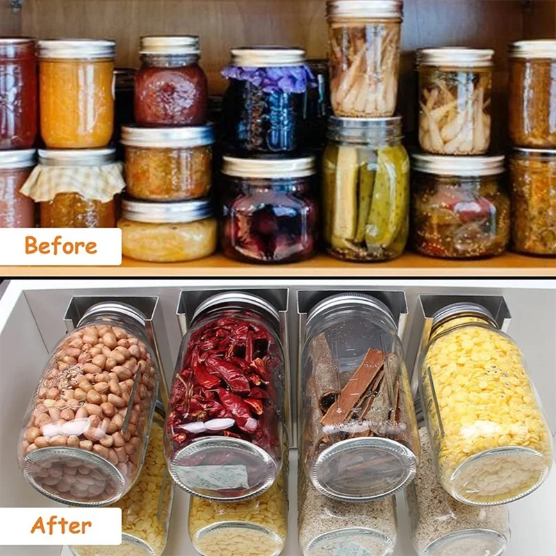 2Pcs Mason Jar Organizer Under Cabinet Mason Spice Jar Hanger Metal Storage Rack - Wide