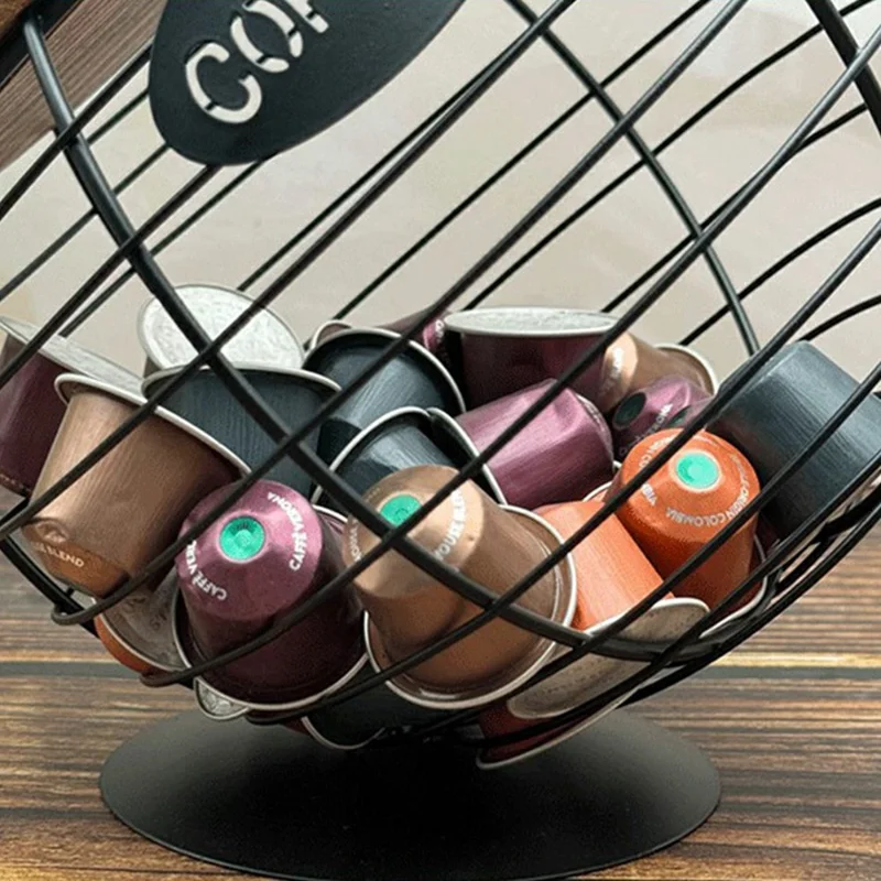 Fruit Basket Iron Art Coffee Capsule Snacks Storage Oblique Basket with Lid, Black / COFFEE Letter