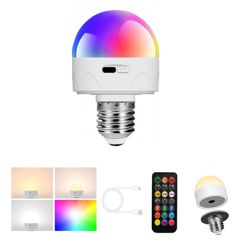 Magnetic E27 Colorful LED Rechargeable Night Light Remote Control Timing Dimming Light Bulb