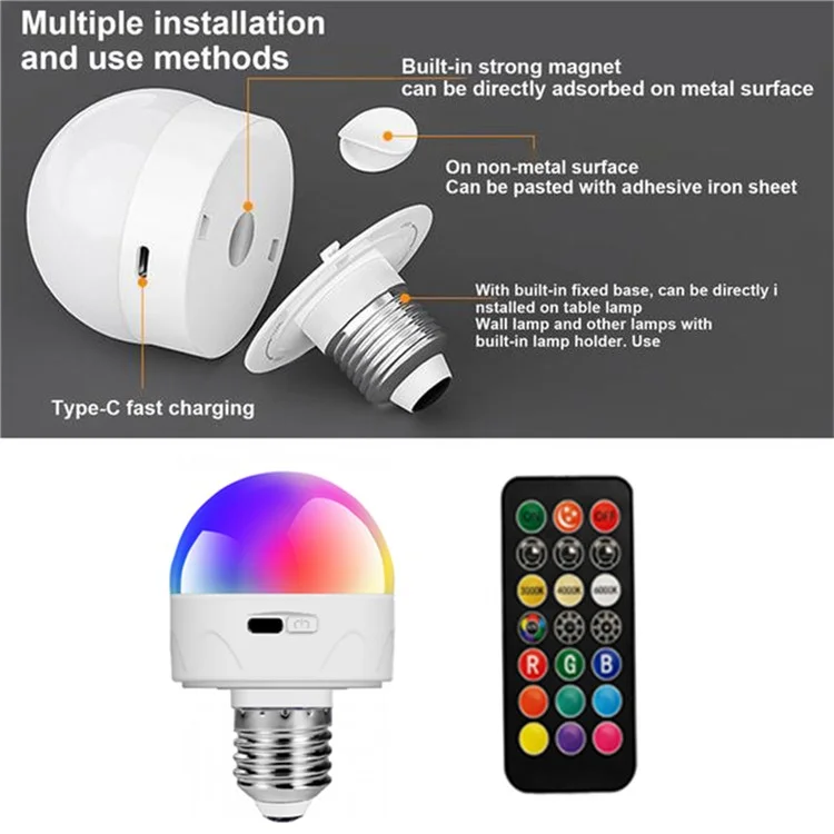 Magnetic E27 Colorful LED Rechargeable Night Light Remote Control Timing Dimming Light Bulb