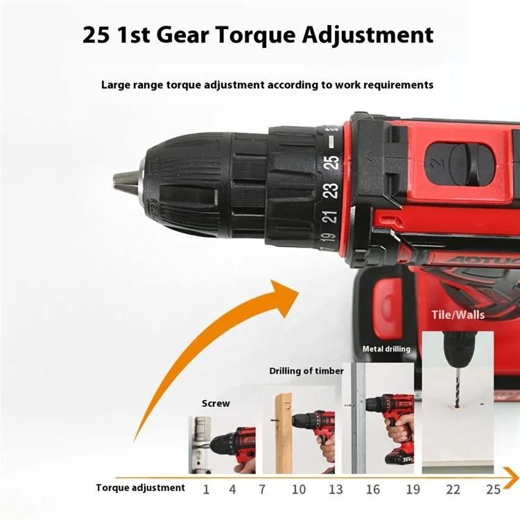AUTUO 36V Cordless Drill 2 Speed Electric Screwdriver with 2 Lithium Batteries Kit Set, EU Plug