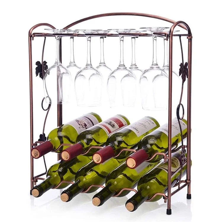 CYF-005L Wine Rack with Glass Holder European Style Iron Wine Storage Organizer for 8 Bottle Wine - Bronze