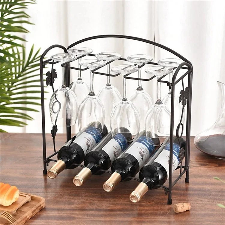 CYF-005S Estantería para 4 botellas de vino con soporte para copas, estantería de almacenamiento de vino de hierro para encimera - Bronce mate