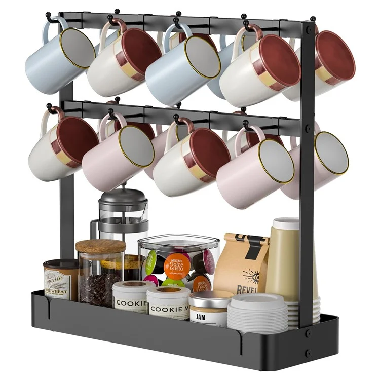 Porte-tasses organisateur avec 16 crochets amovibles en acier au carbone pour le comptoir de cuisine, avec panier d'égouttage.