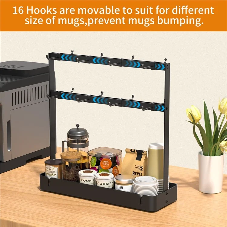 Porte-tasses organisateur avec 16 crochets amovibles en acier au carbone pour le comptoir de cuisine, avec panier d'égouttage.