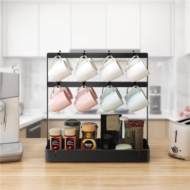 Porte-tasses organisateur avec 16 crochets amovibles en acier au carbone pour le comptoir de cuisine, avec panier d'égouttage.