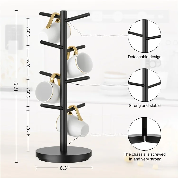 Hölzerner Kaffeebecher-Baum-Formhalter, 360-Grad-Drehung, 8 Haken, Becher-Organizer-Displayständer - Schwarz