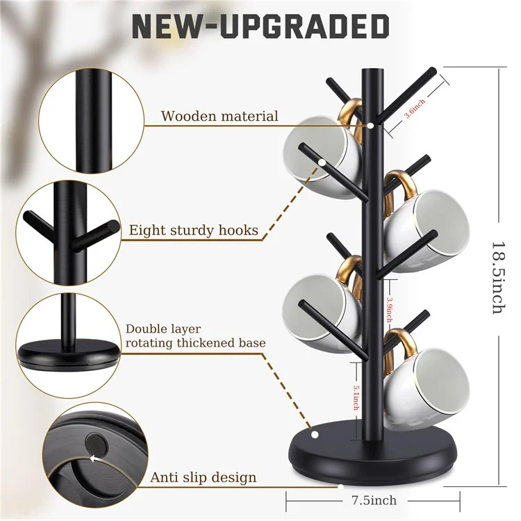 Hölzerner Kaffeebecher-Baum-Formhalter, 360-Grad-Drehung, 8 Haken, Becher-Organizer-Displayständer - Schwarz