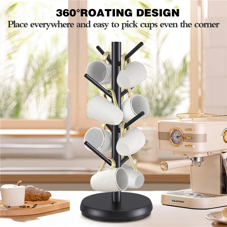 Hölzerner Kaffeebecher-Baum-Formhalter, 360-Grad-Drehung, 8 Haken, Becher-Organizer-Displayständer - Schwarz