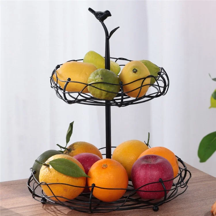 Cesta de frutas de hierro de 2 niveles CYF-837 para encimera de cocina, decorativa y de almacenamiento - Negro