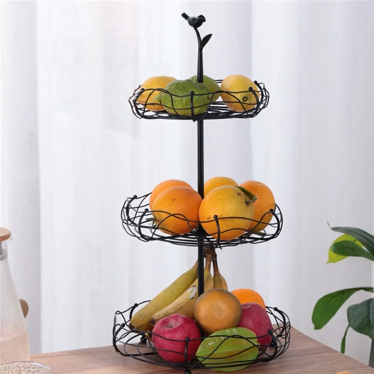 CYF-837 Cesta de Fruta de Hierro de 3 Niveles para Encimera de Cocina, Almacenamiento Decorativo - Negro