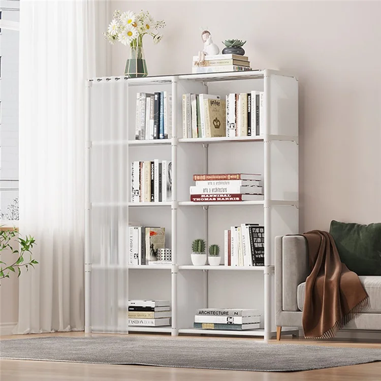 5-stöckiges Doppelreihen-Aufbewahrungsregal für Kinderzimmer, Wohnzimmer, staubdichtes Bücherregal mit Vorhang - Weiß