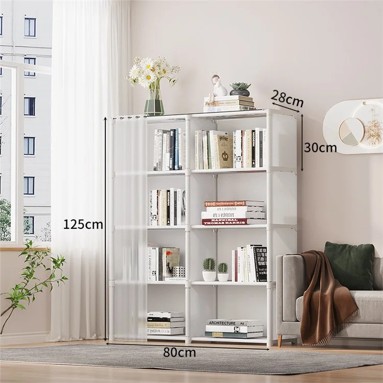 5-stöckiges Doppelreihen-Aufbewahrungsregal für Kinderzimmer, Wohnzimmer, staubdichtes Bücherregal mit Vorhang - Weiß