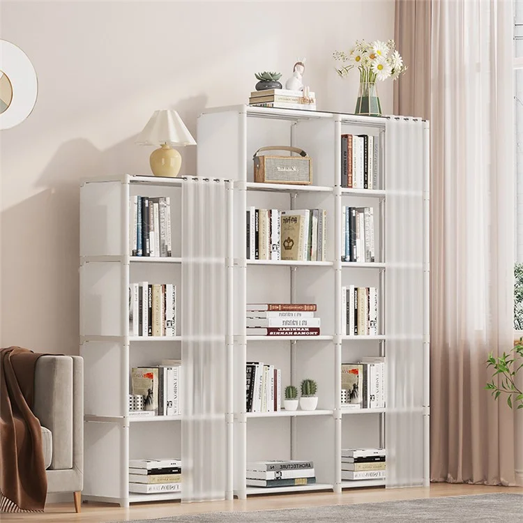 5-stöckiges Doppelreihen-Aufbewahrungsregal für Kinderzimmer, Wohnzimmer, staubdichtes Bücherregal mit Vorhang - Weiß