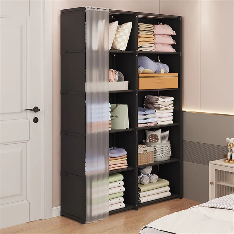 6 Layers Double Row Storage Rack for Kids Room Living Room Dust Proof Bookshelf with Curtain - Black