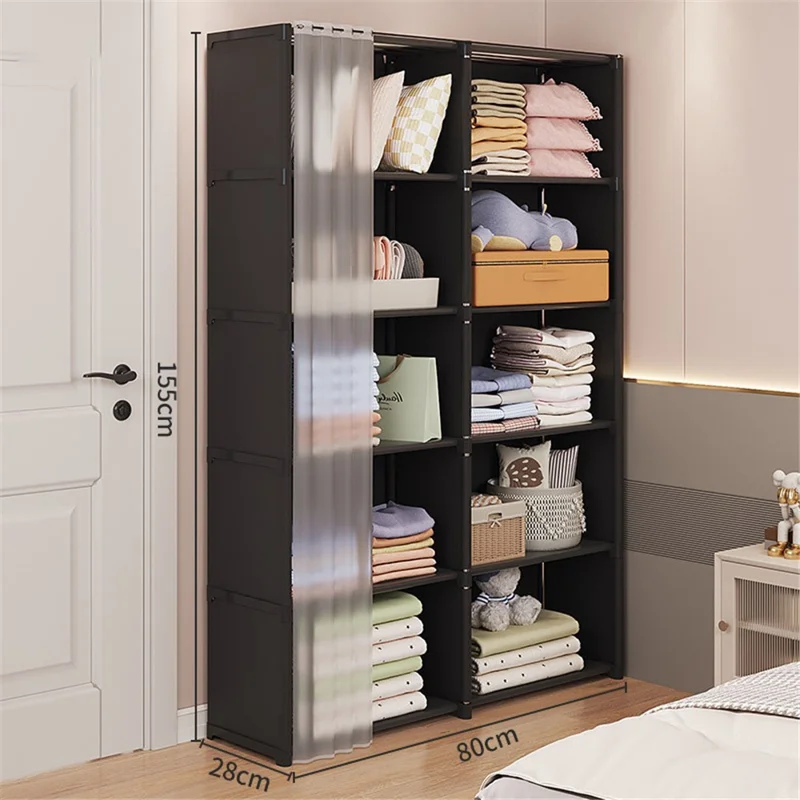 6 Layers Double Row Storage Rack for Kids Room Living Room Dust Proof Bookshelf with Curtain - Black