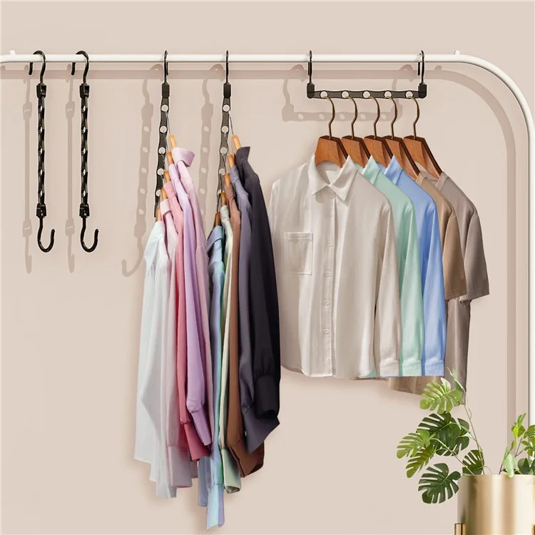 5Pcs Plastic Clothes Hanger 5 Hole Design Anti Slip Rotatable Space Saving Wardrobe Organizer - Black