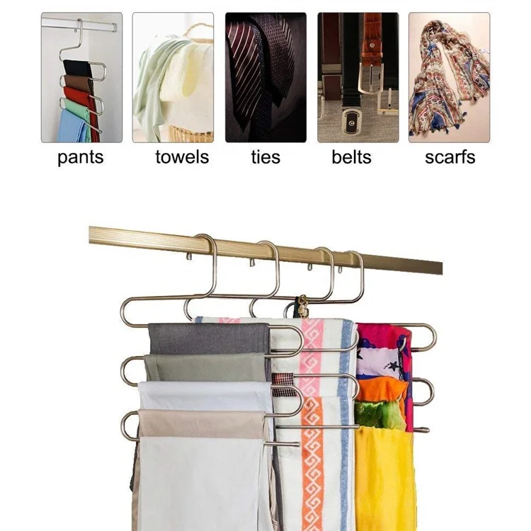 S-förmiger 5-stöckiger Hosenaufhänger aus Edelstahl, platzsparend, für Hosen, Jeans, Krawatten, Kleiderschrank-Organizer