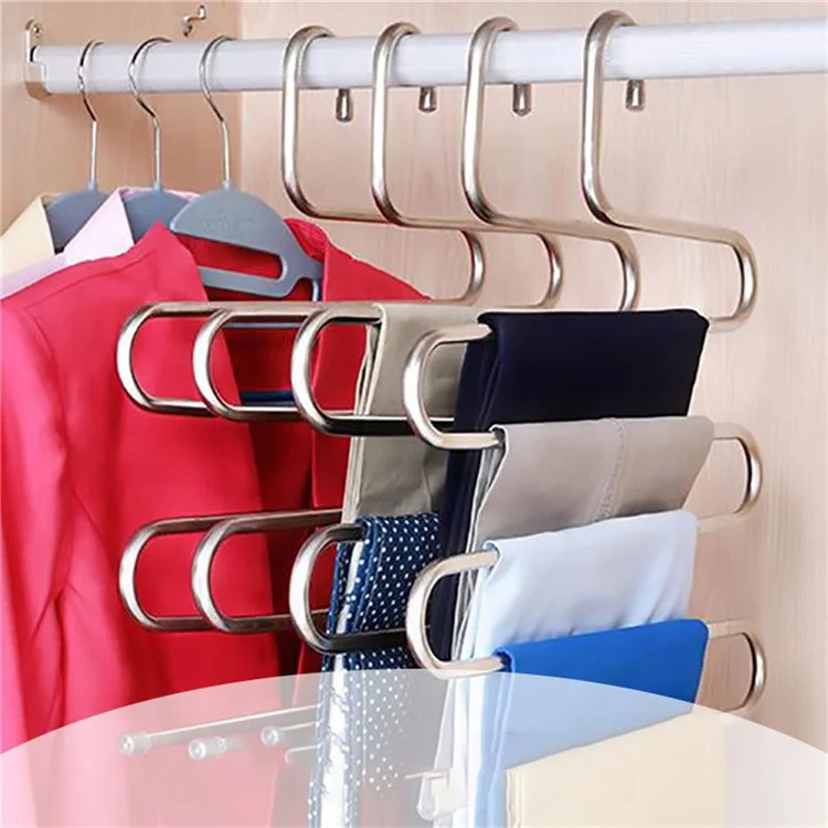 S-förmiger 5-stöckiger Hosenaufhänger aus Edelstahl, platzsparend, für Hosen, Jeans, Krawatten, Kleiderschrank-Organizer