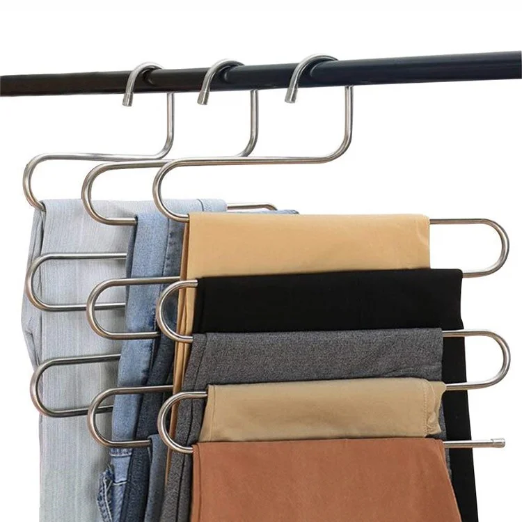S-förmiger 5-stöckiger Hosenaufhänger aus Edelstahl, platzsparend, für Hosen, Jeans, Krawatten, Kleiderschrank-Organizer