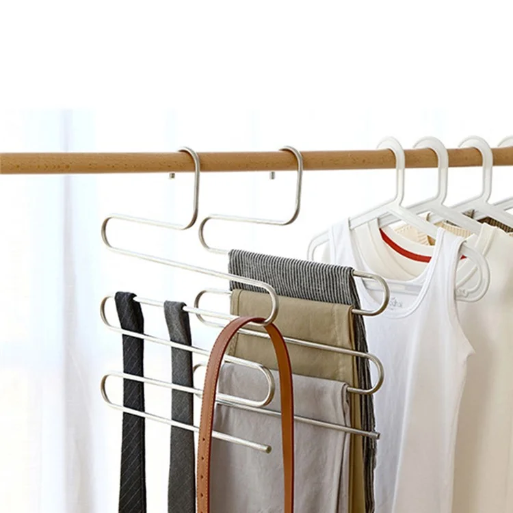 S-förmiger 5-stöckiger Hosenaufhänger aus Edelstahl, platzsparend, für Hosen, Jeans, Krawatten, Kleiderschrank-Organizer