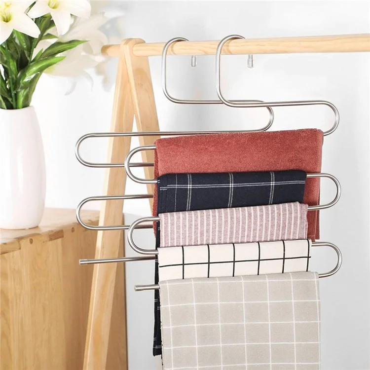 S-förmiger 5-stöckiger Hosenaufhänger aus Edelstahl, platzsparend, für Hosen, Jeans, Krawatten, Kleiderschrank-Organizer