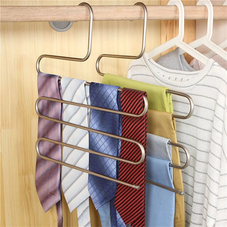 S-förmiger 5-stöckiger Hosenaufhänger aus Edelstahl, platzsparend, für Hosen, Jeans, Krawatten, Kleiderschrank-Organizer