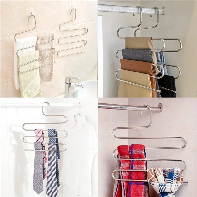S-förmiger 5-stöckiger Hosenaufhänger aus Edelstahl, platzsparend, für Hosen, Jeans, Krawatten, Kleiderschrank-Organizer