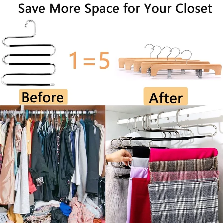 Cabide de calça em aço inoxidável com 5 camadas em formato de S, antiderrapante e multifuncional para organizar calças e gravatas no guarda-roupa.