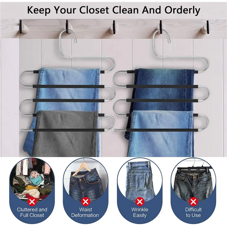 Cabide de calça em aço inoxidável com 5 camadas em formato de S, antiderrapante e multifuncional para organizar calças e gravatas no guarda-roupa.