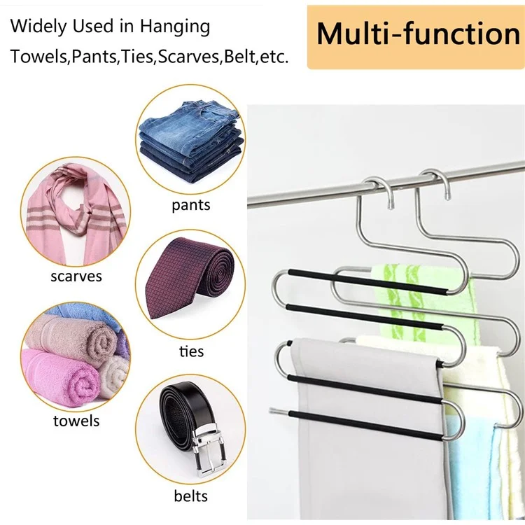 Cabide de calça em aço inoxidável com 5 camadas em formato de S, antiderrapante e multifuncional para organizar calças e gravatas no guarda-roupa.