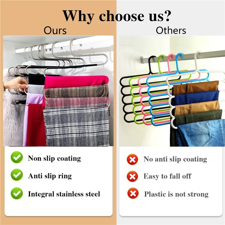 Cabide de calça em aço inoxidável com 5 camadas em formato de S, antiderrapante e multifuncional para organizar calças e gravatas no guarda-roupa.