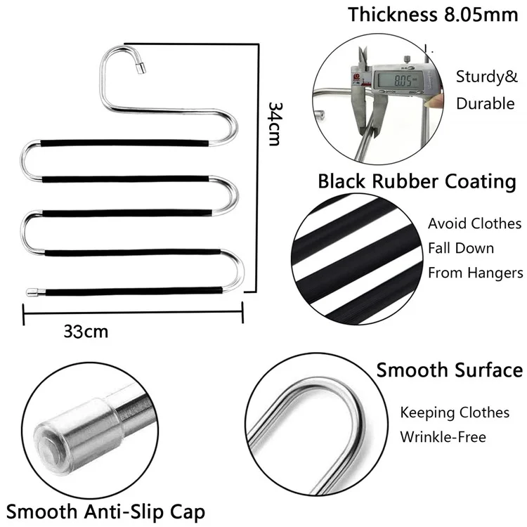 Cabide de calça em aço inoxidável com 5 camadas em formato de S, antiderrapante e multifuncional para organizar calças e gravatas no guarda-roupa.