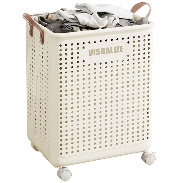 VISUALIZE Cesto de Roupas Dobrável de Design Oco com Alças e Rodas, Tamanho XL - Branco Creme