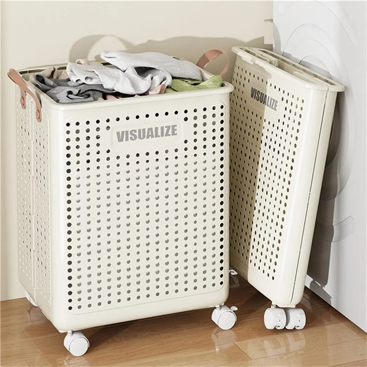 VISUALIZE Cesto de Roupas Dobrável de Design Oco com Alças e Rodas, Tamanho XL - Branco Creme